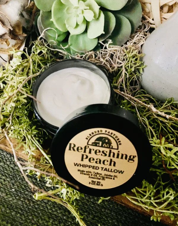 Light and fruity Refreshing Peach whipped tallow—hydrating and fresh.