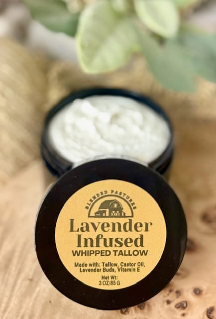 Jar of lavender whipped tallow lotion made with grass-fed tallow and calming lavender oil