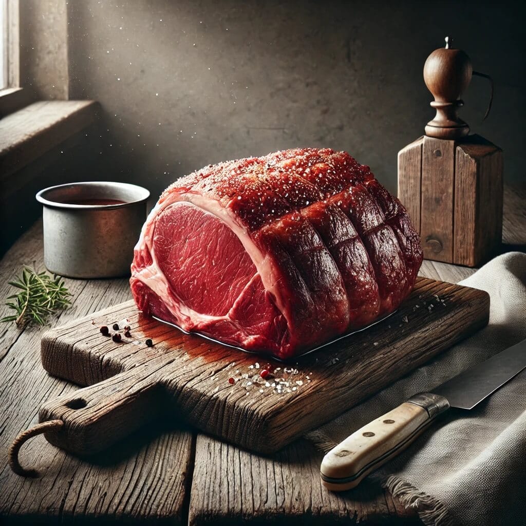 Flavorful Grass-Fed Grain-Finished Shoulder Roast Well-marbled grass-fed, grain-finished shoulder roast on a wooden board.