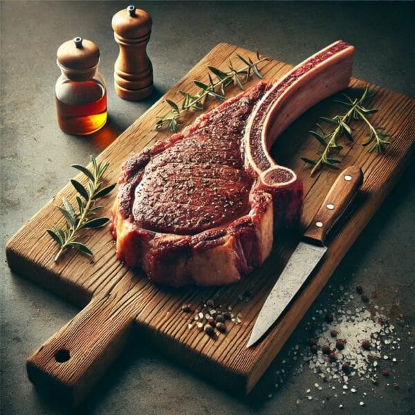 Thick-cut, grass-fed, grain-finished tomahawk steak with a long bone.