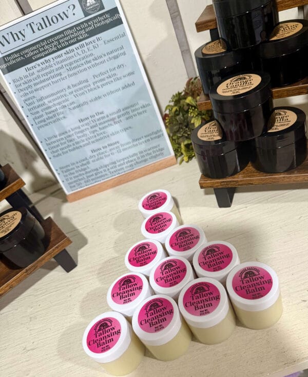 Tallow facial cleanser in glass pump bottle—natural, gentle face wash with tallow and essential oils.