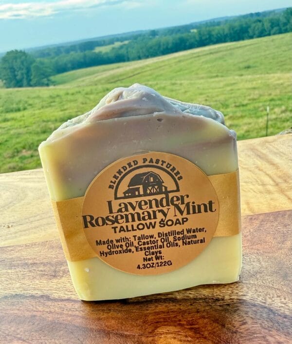 Lavender tallow soap bar with dried lavender—calming, floral, and handcrafted.