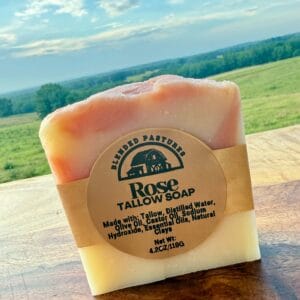 Rose tallow soap bar with petals—hydrating, romantic, and handcrafted.