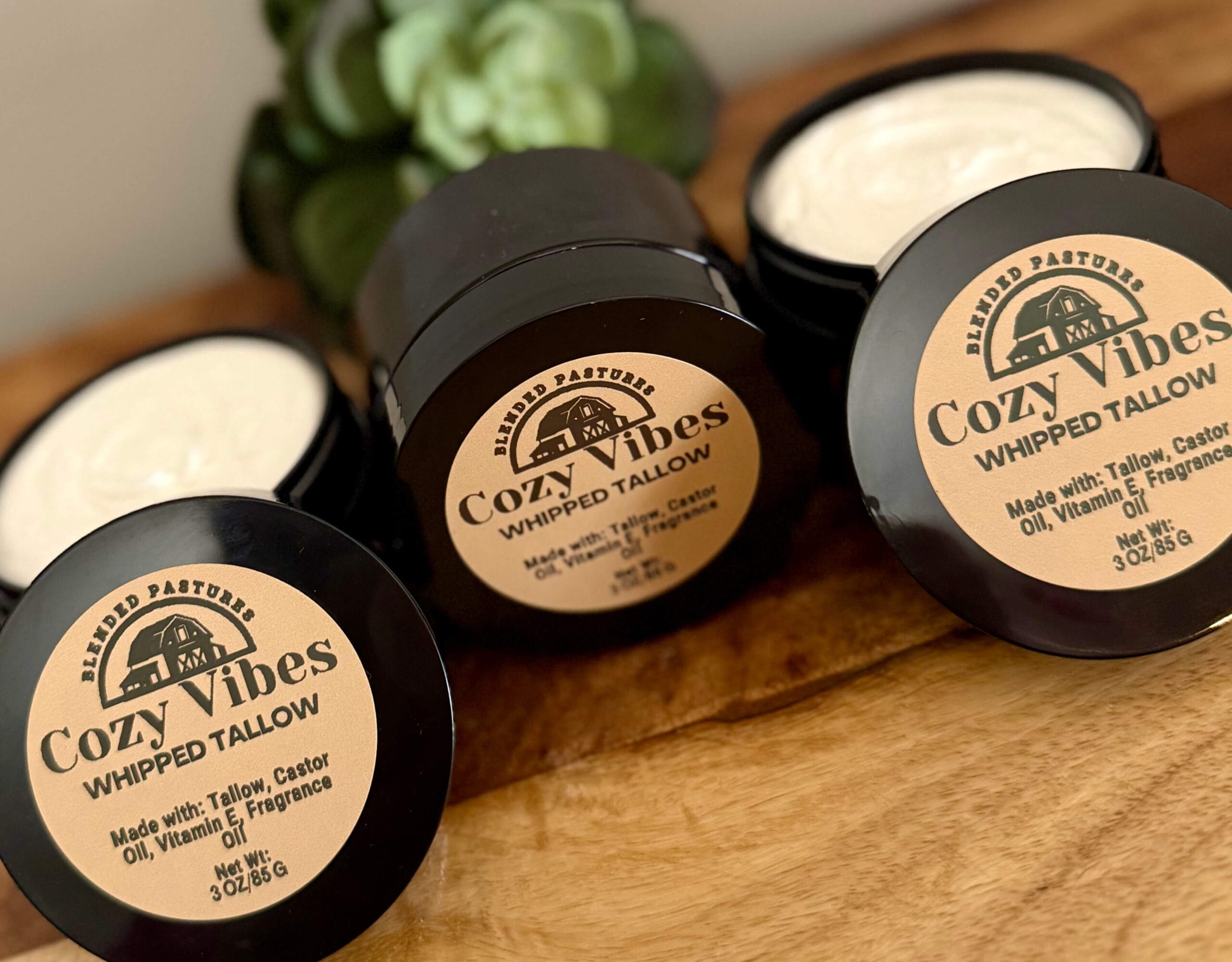 Cozy Vibes whipped tallow lotion jar with grass-fed tallow, olive oil and honey