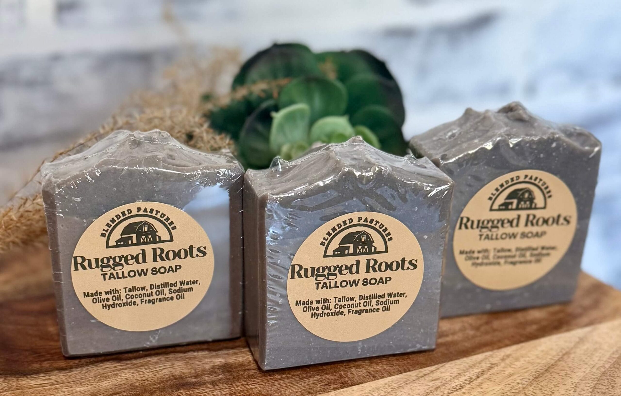 Rugged Roots tallow soap bar with masculine scent—natural, nourishing, and handcrafted.