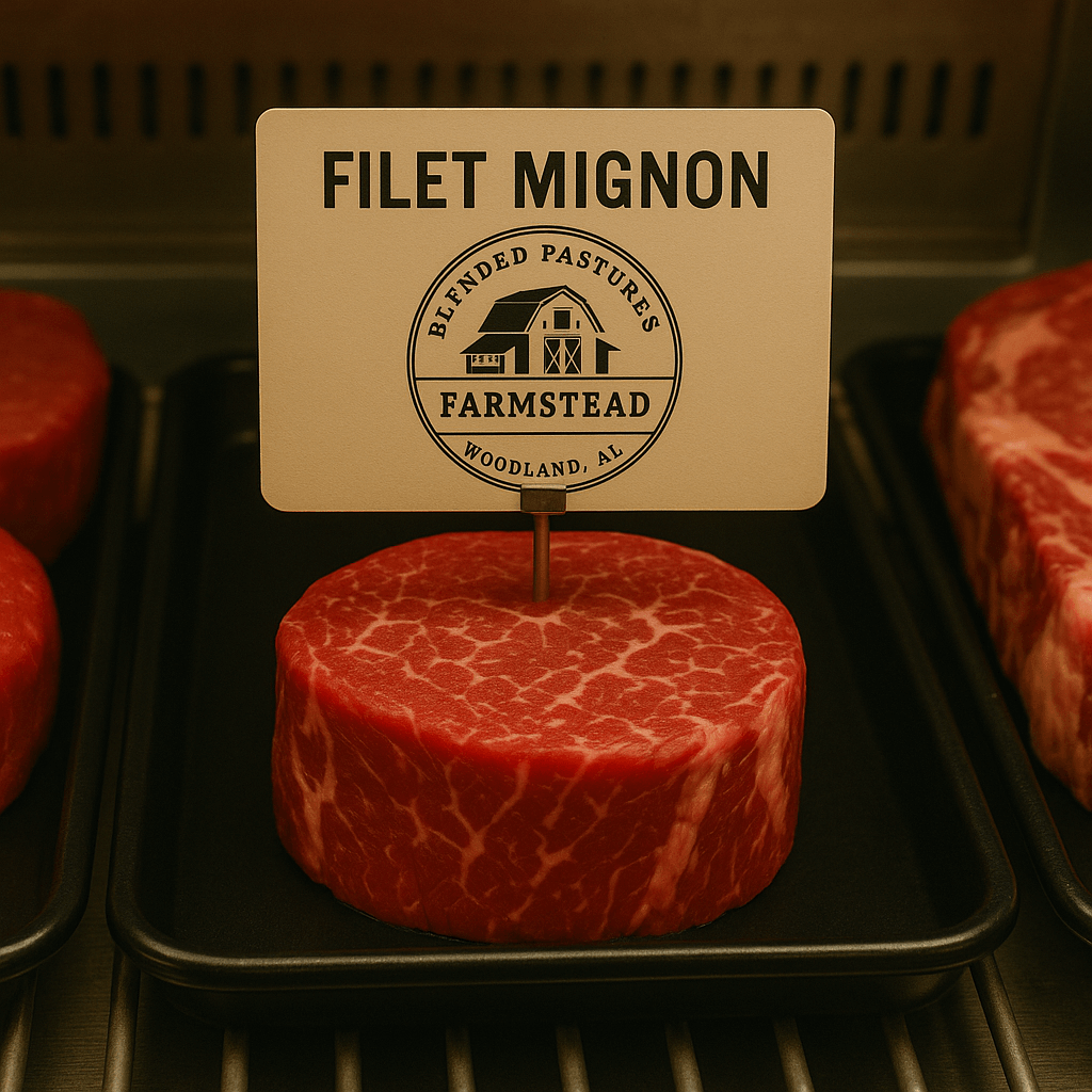 Thick-cut, tender grass-fed, grain-finished filet mignon.