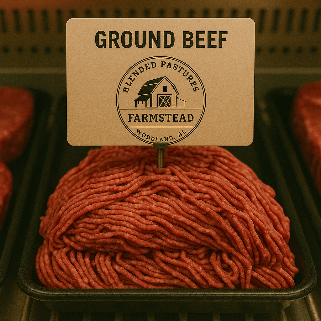 Fresh, grass-fed, grain-finished SimAngus ground beef from Blended Pastures Farmstead.