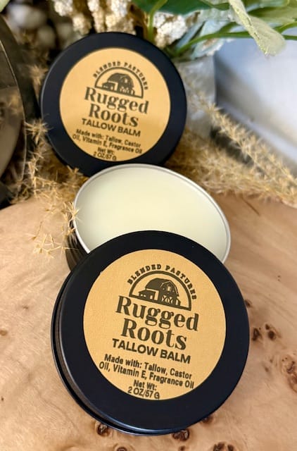 Earthy and masculine Rugged Roots tallow balm—hydrating and perfect for hardworking skin.