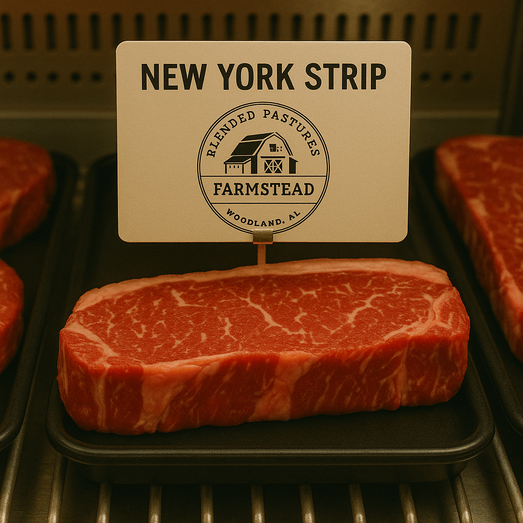 Grass-fed, grain-finished New York Strip steak – richly marbled and tender