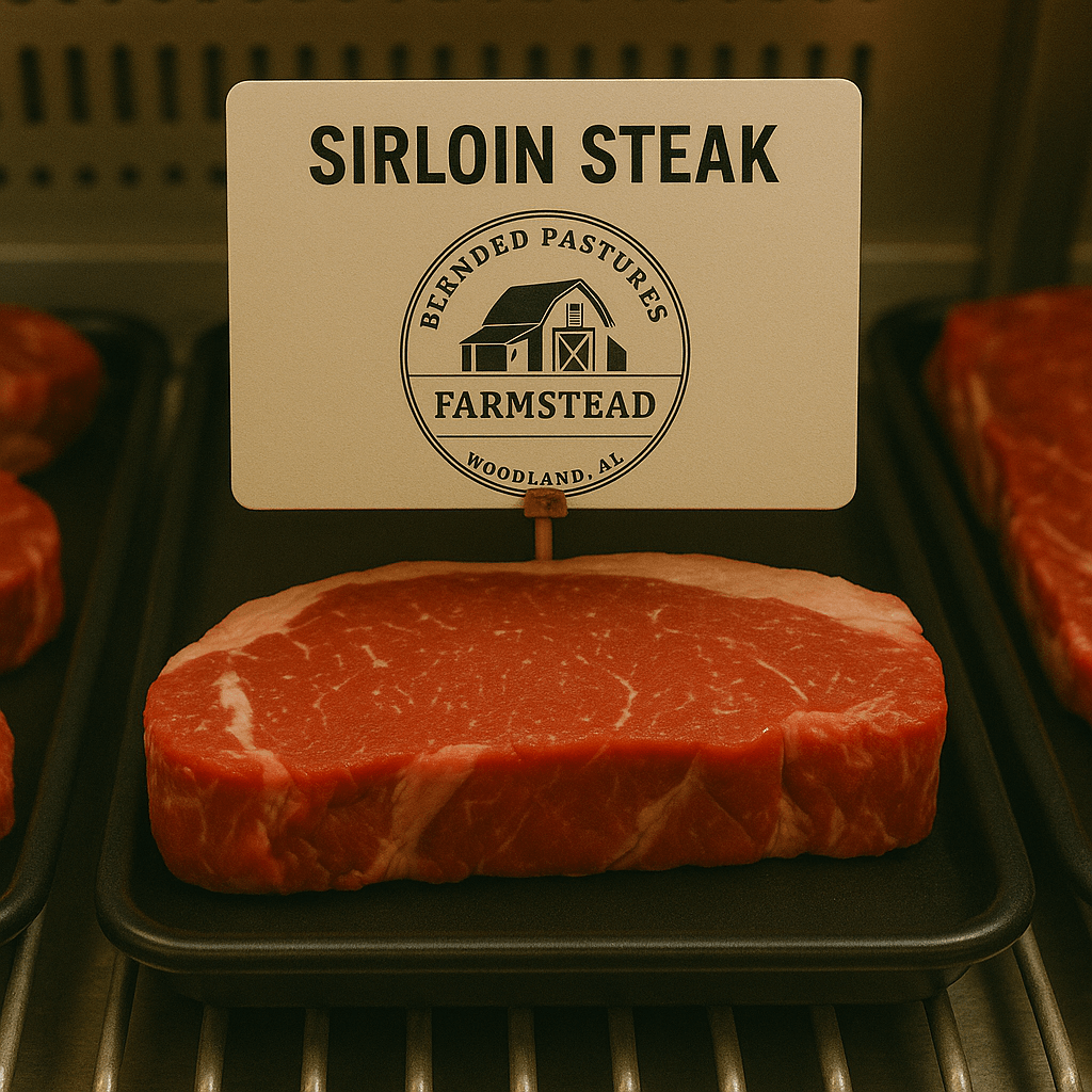 Premium grass-fed, grain-finished top sirloin steak from Blended Pastures Farmstead—tender, flavorful, and perfect for grilling.