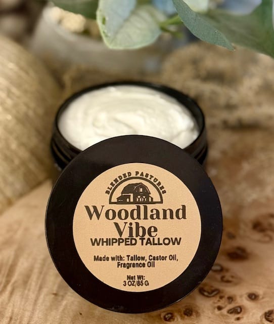 Woodland Vibe whipped tallow lotion jar with iced vanilla woods scent