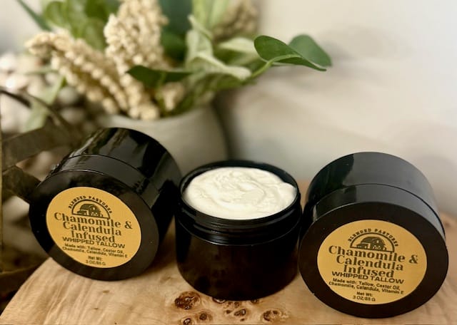 Chamomile and calendula infused whipped tallow — soothing natural moisturizer for dry or sensitive skin from Blended Pastures Farmstead