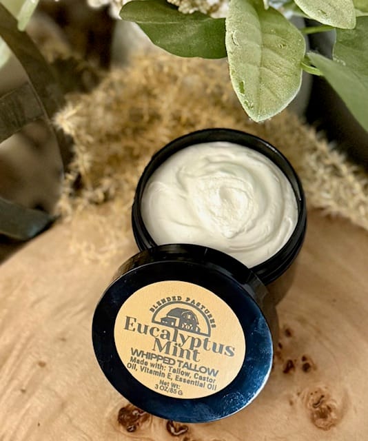 Refreshing Eucalyptus Spearmint whipped tallow—cooling, revitalizing, and deeply hydrating.