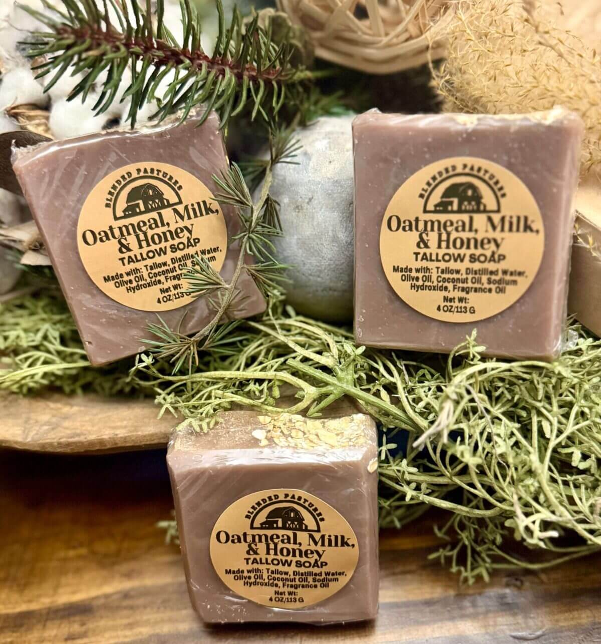 Oatmeal Milk & Honey Tallow Soap Bar | Blended Pastures Farmstead Oatmeal Milk & Honey tallow soap bar made with pasture-raised beef tallow