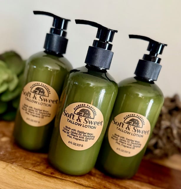 Soft & Sweet Tallow Lotion | Cashmere & Sugar Hydration | Blended Pastures Farmstead Soft & Sweet tallow lotion in pump bottle – warm sugar and cashmere scent, luxurious moisture.