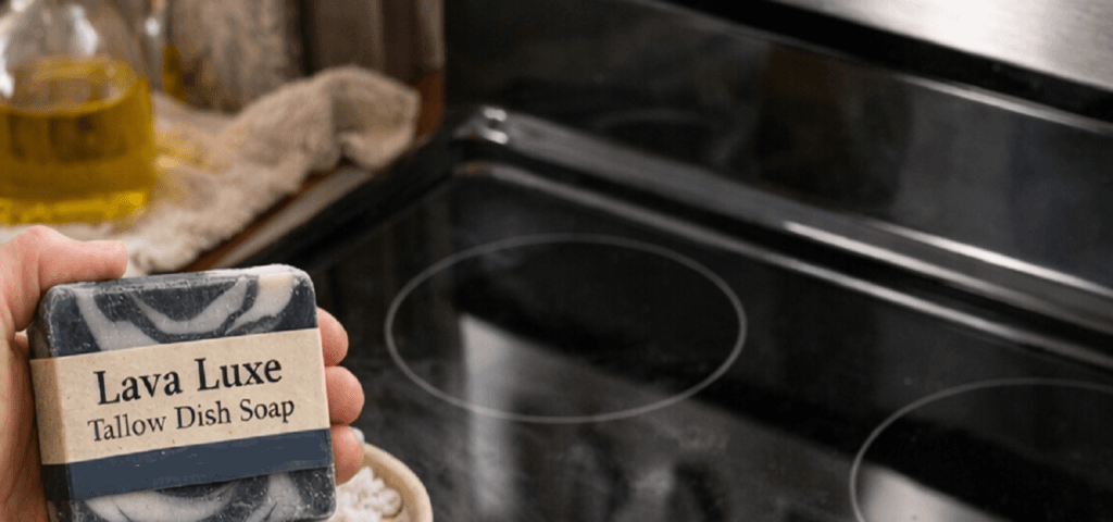 Tallow Dish Soap 3 Cleaning a glass top stove with Lava Luxe tallow dish soap bar and microfiber cloth