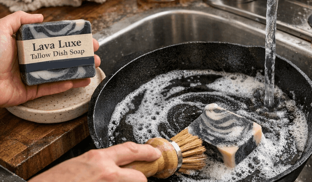 Tallow Dish Soap 1 Cast iron skillet being washed with Lava Luxe tallow dish soap bar